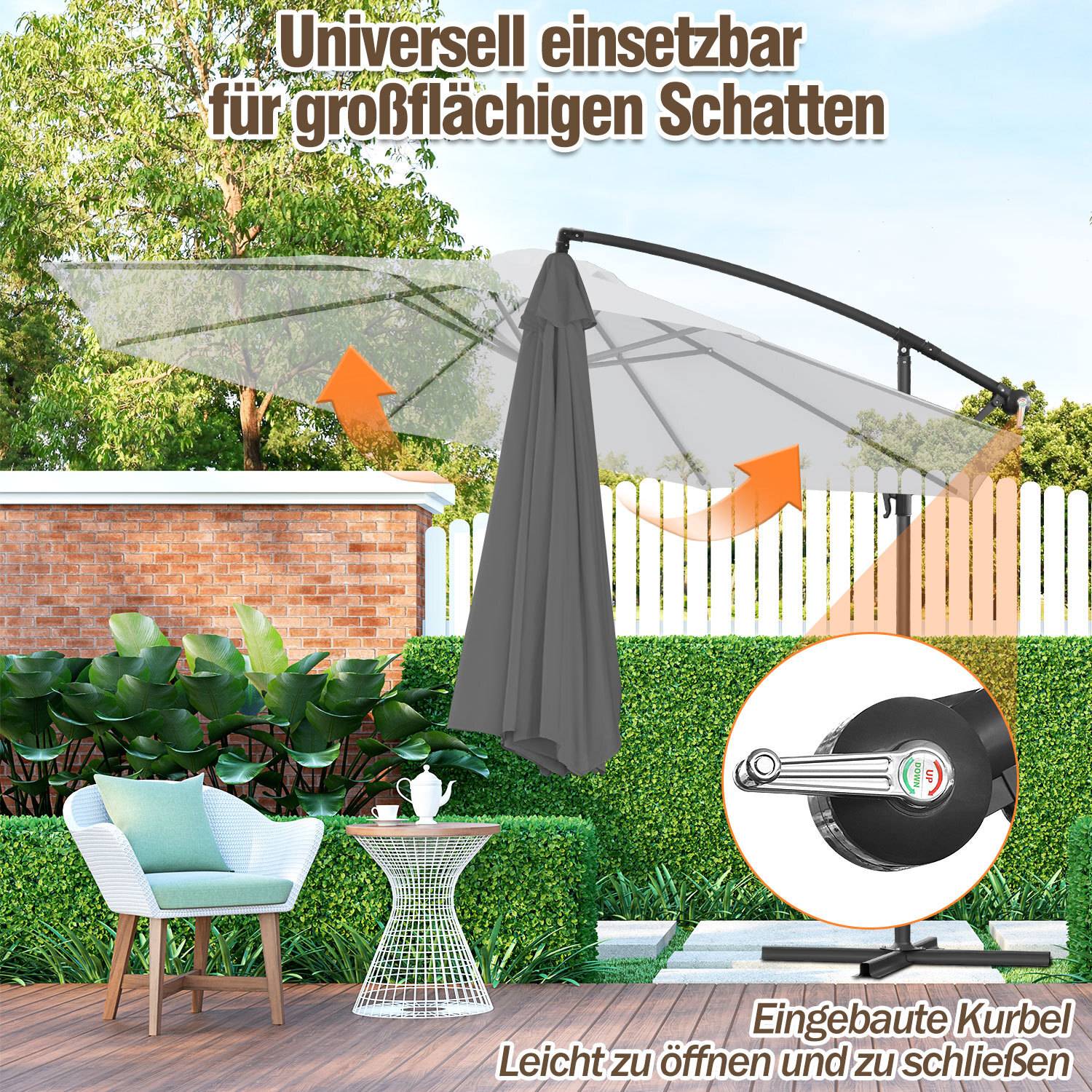 Neigbarer Außenschirm mit Schatten über Pflanzen und Stühlen in einer Gartenumgebung. Der Text hebt seine universelle Verstellbarkeit und einfache Handhabung hervor.