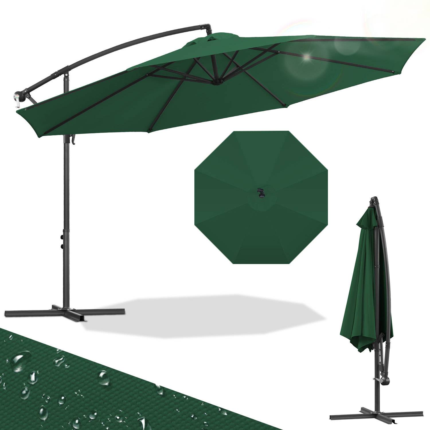 Grüner Terrassenschirm im Außenbereich, von oben gezeigt, geöffnet und zusammengeklappt auf einem Ständer, mit gewichteter Basis und Kragarm.