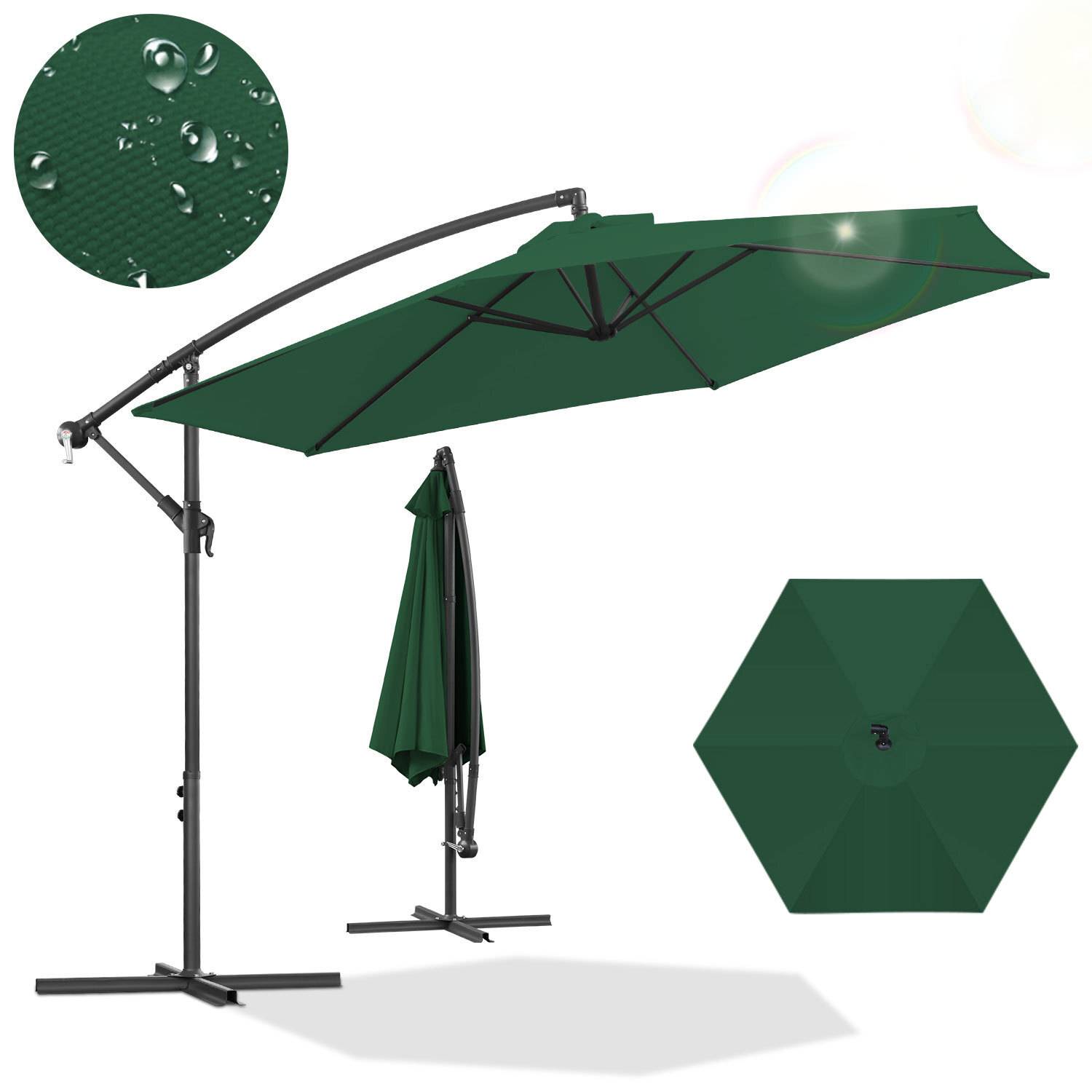 Grüner Outdoor-Kragarmschirm mit wasserabweisendem Stoff. Enthält Nahaufnahme der Stofftextur und Draufsicht des sechseckigen Schirmdachs.