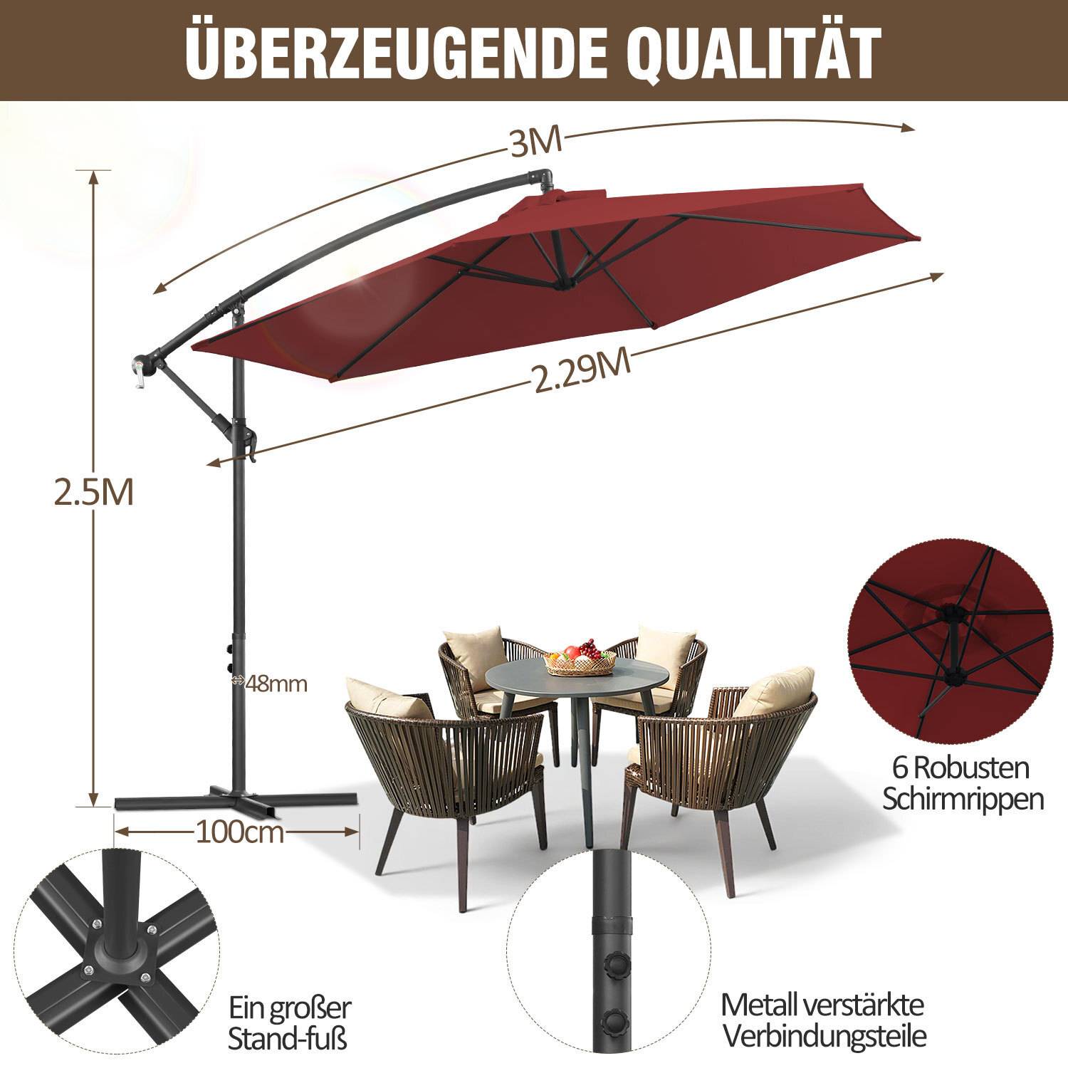 Ein großer roter Terrassenschirm mit einer Breite von 3 m und einer Höhe von 2,5 m mit sechs stabilen Rippen. Positioniert über einem runden Tisch mit Korbstühlen.