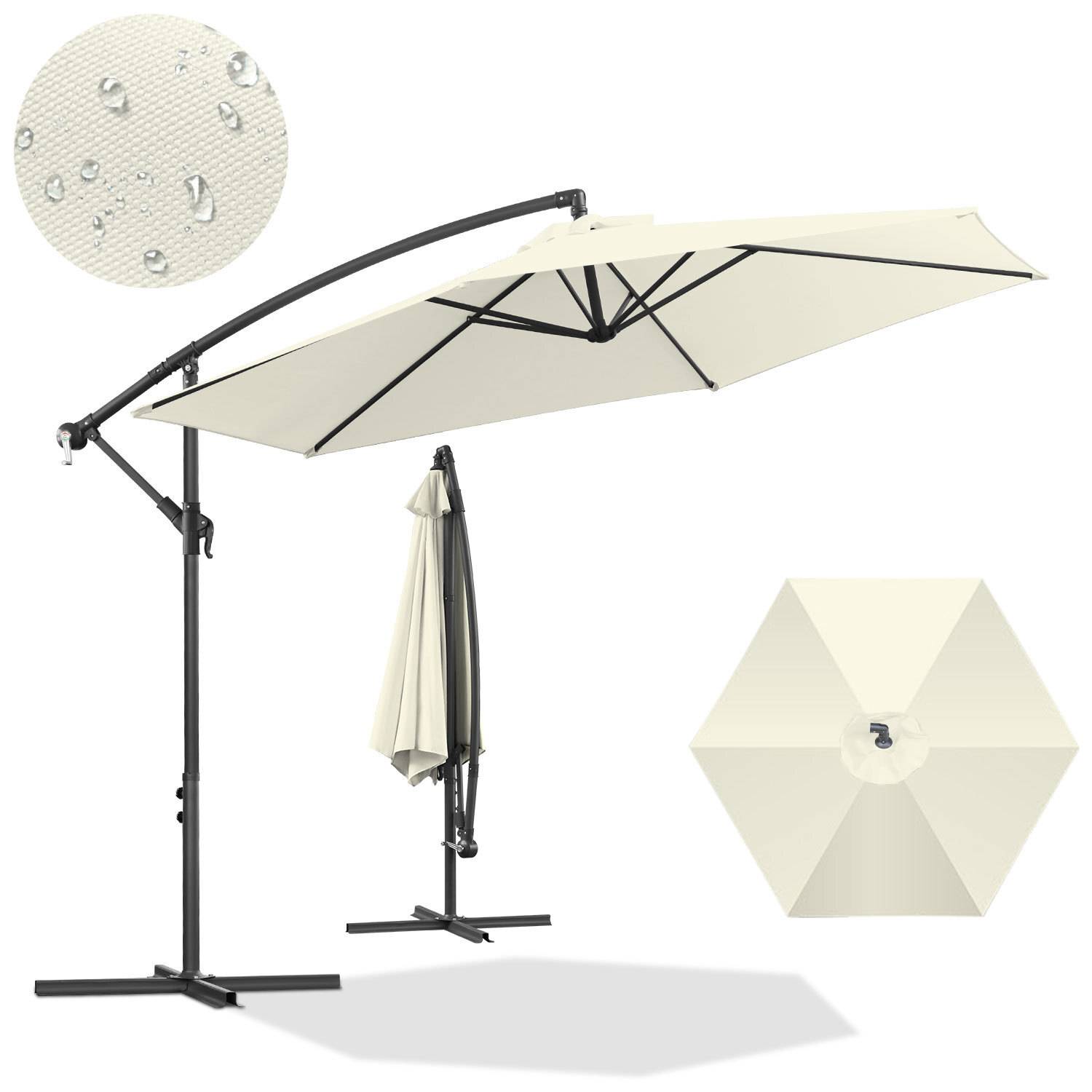 Terrassenschirm mit verstellbarem Ständer in Beige, mit wasserabweisendem Stoff. Dargestellt offen und geschlossen, mit Wassertropfen auf Stoffdetail.