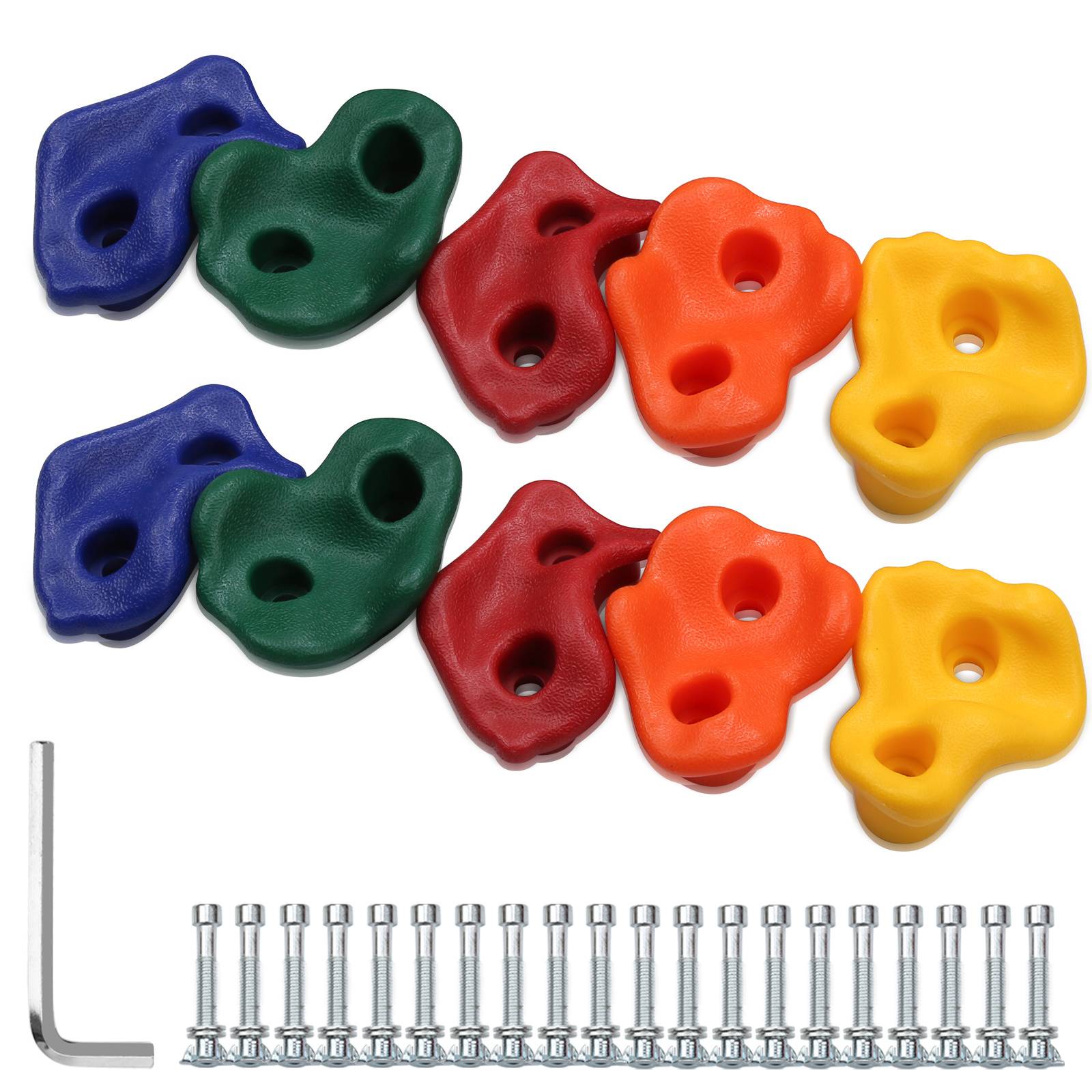 Kletterhalt in verschiedenen Farben (blau, grün, rot, orange, gelb) mit Befestigungsmaterial und einem Inbusschlüssel.