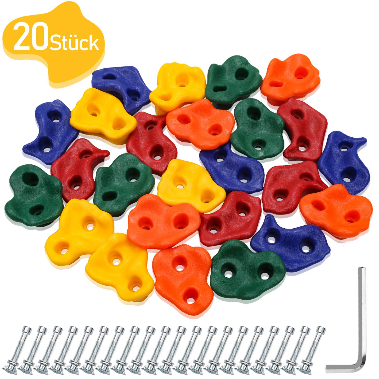 Set von 20 farbenfrohen Klettersteinen mit Schrauben und einem Inbusschlüssel, geeignet zum Bau von Kletterwänden für Kinder oder Erwachsene.