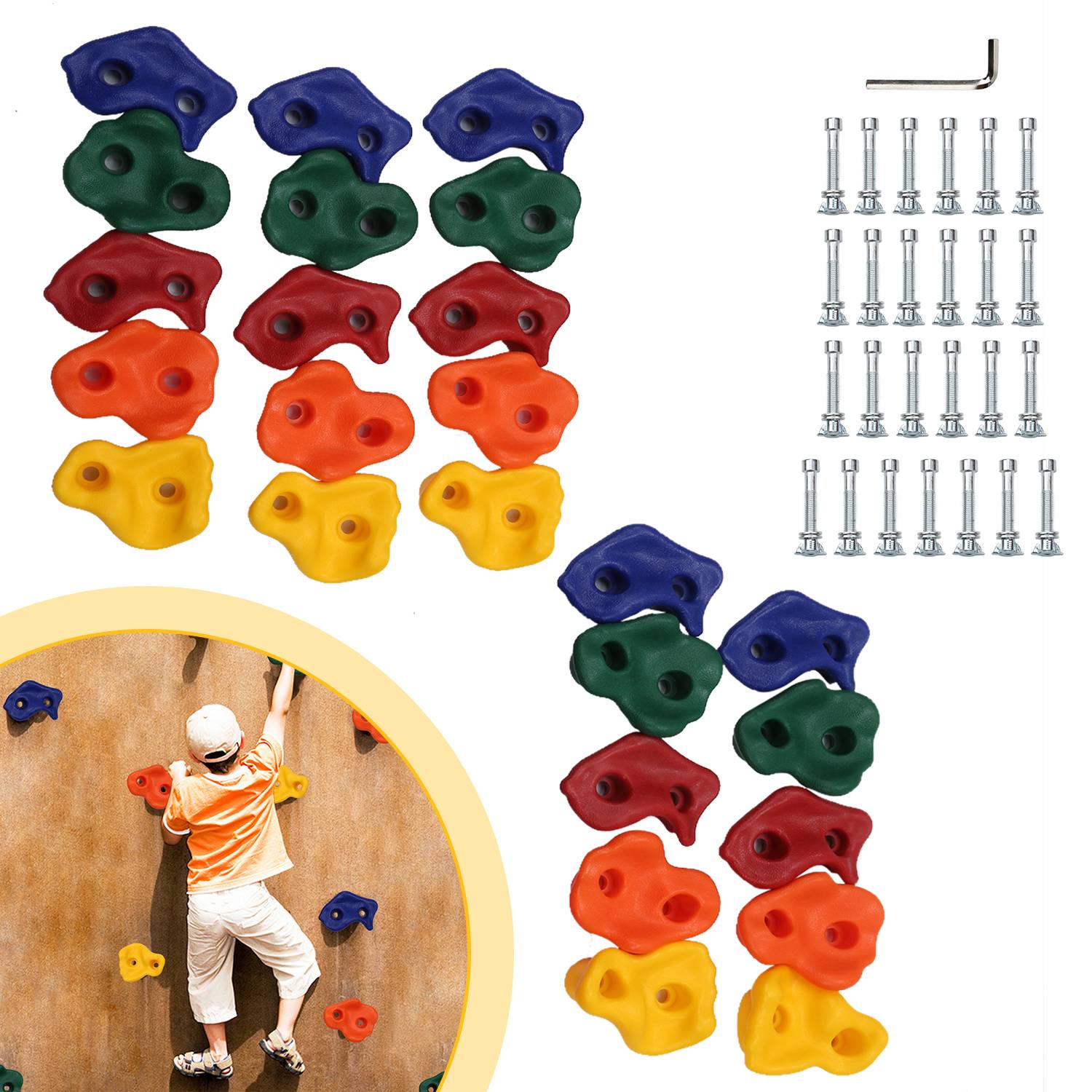 Kletterwand-Griffset mit farbigen Griffen in verschiedenen Größen, Montageschrauben und Innensechskantschlüssel, plus Beispielfoto eines Kindes beim Klettern an einer Wand.