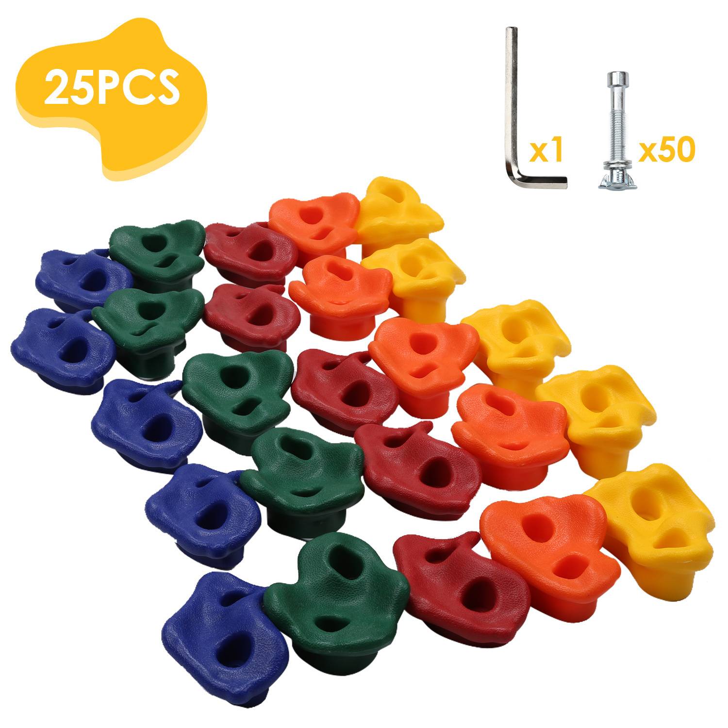 25er Set Klettersteine in verschiedenen Farben mit Installationskit bestehend aus einem L-förmigen Schraubenschlüssel und Schrauben.