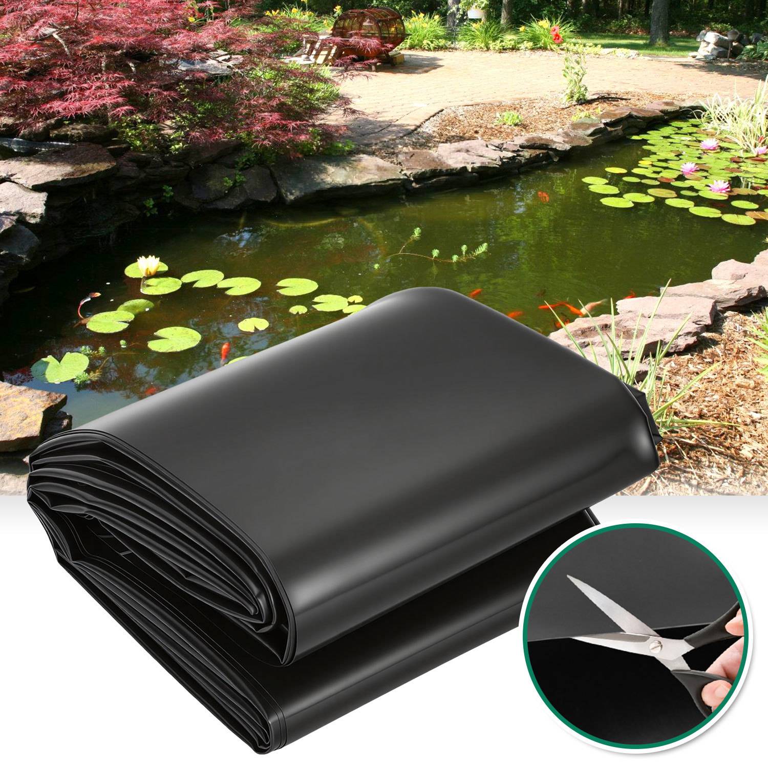 Schwarze Teichfolie-Rolle mit Gartentieich und Inset von Schere, die das flexible wasserdichte Tuch schneidet.