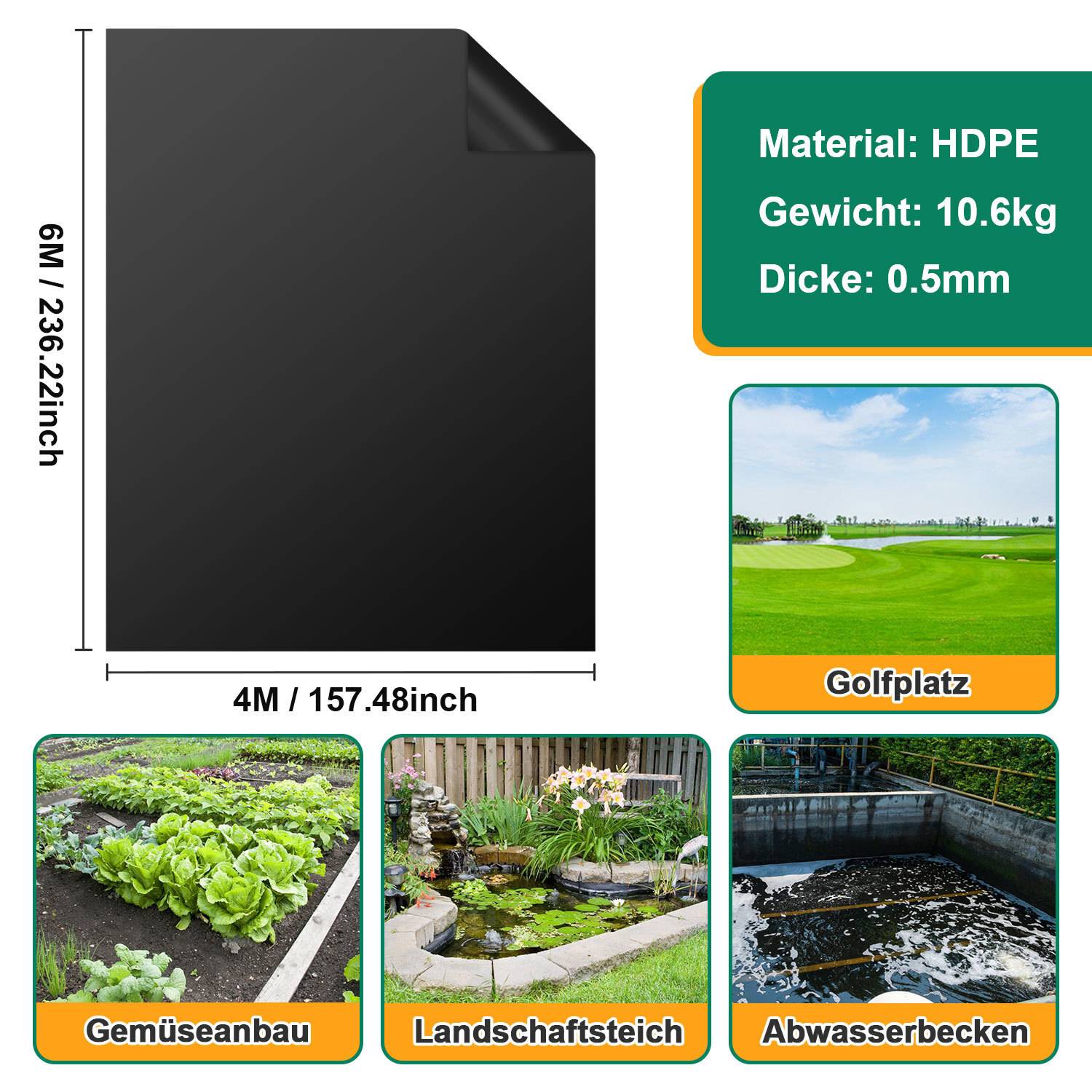 Ein schwarzes HDPE-Blech, 6m x 4m, zur Verwendung in Golfplätzen, Gemüsegärten, Gartenteichen und Abwassersystemen. Material ist HDPE, Gewicht 10,6kg, Dicke 0,35mm.
