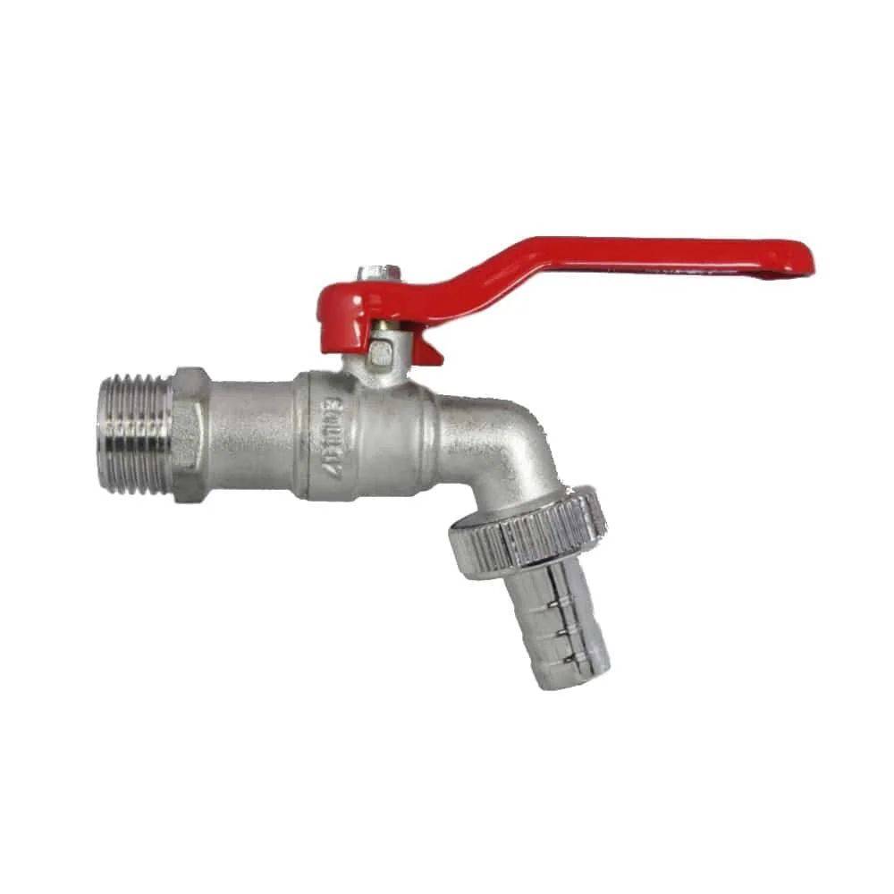 Ein Metallwasserhahn mit einem roten Hebel, von der Seite gezeigt.