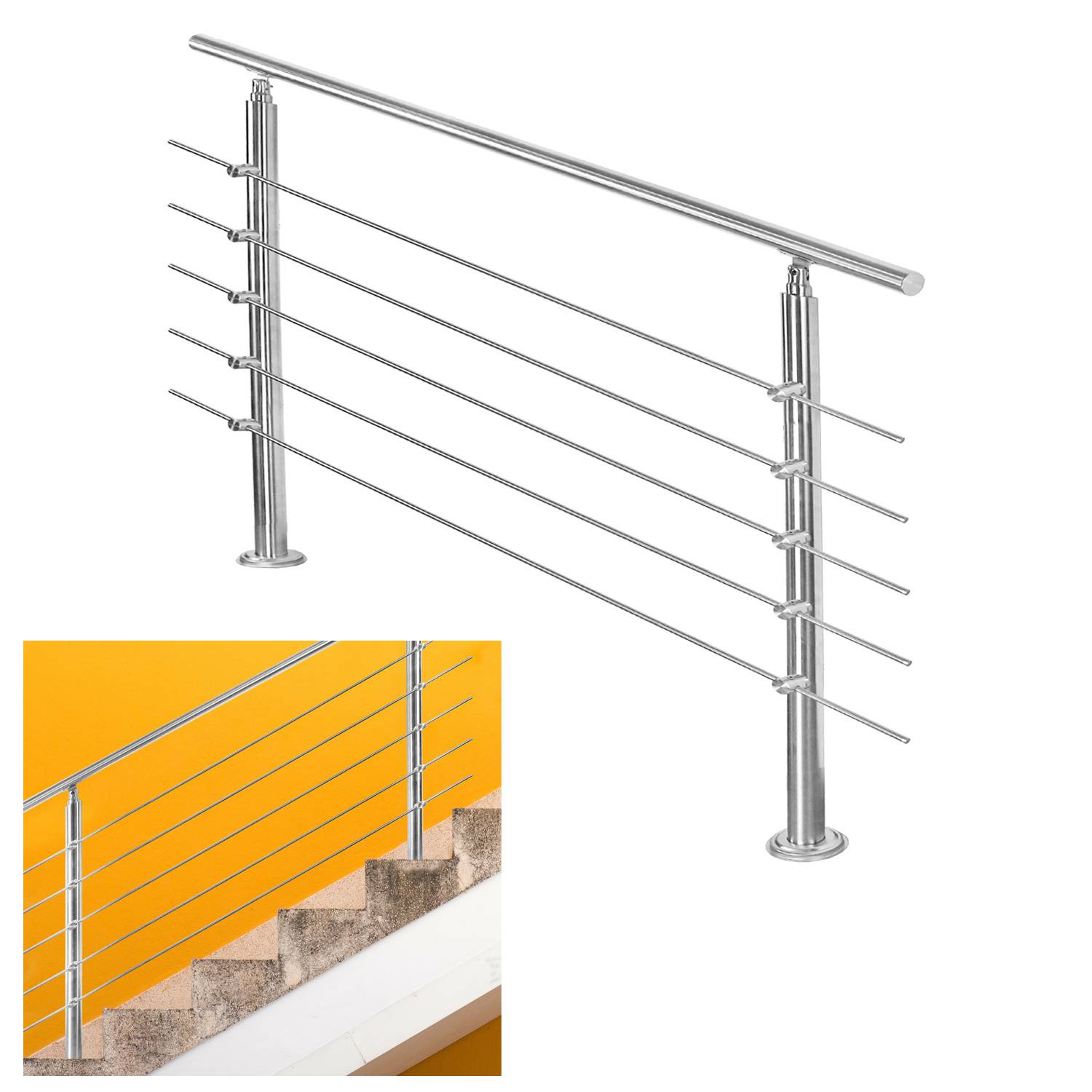 Edelstahl-Treppengeländer mit horizontalen Stäben, neben Betontreppen an einer orangefarbenen Wand montiert.