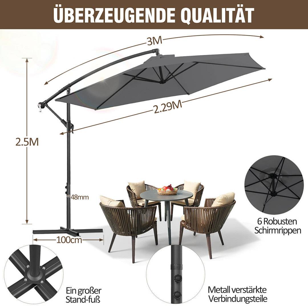 Geneigter Schirm mit Ständer über einem Tisch und Stühlen. Text in Deutsch gibt Abmessungen und Merkmale wie robuste Rippen und verstärkte Verbindungen an.