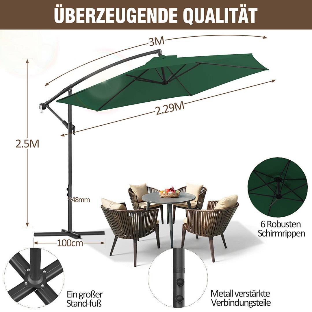 Patioszenario mit einem großen 3m grünen Sonnenschirm, der einen Tisch und vier Stühle beschattet. Highlights sind „Überzeugende Qualität