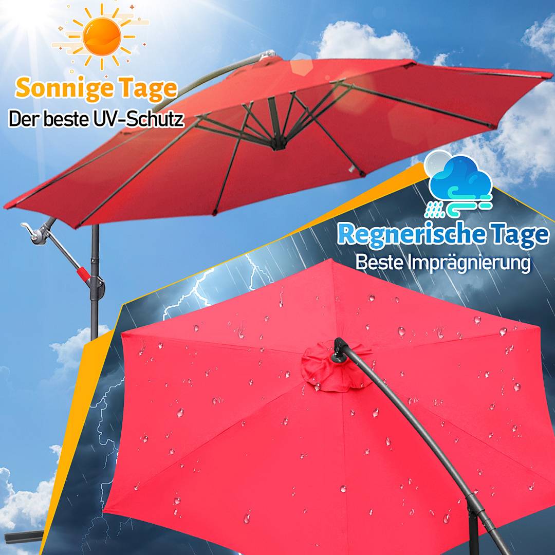 Rote Regenschirme, die unter verschiedenen Wetterbedingungen angezeigt werden: sonniger Tag, mit der Bezeichnung „Sonnige Tage