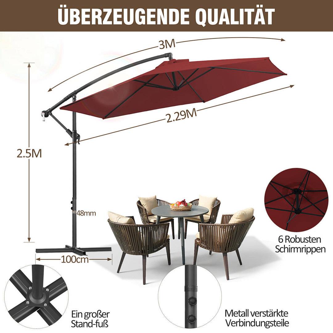 Großer roter Terrassenschirm mit einer Spannweite von 3 m und einer Höhe von 2,5 m, positioniert über einem runden Tisch mit vier Stühlen. Inkl. verstärkte Rippen und Metallverbindungen.