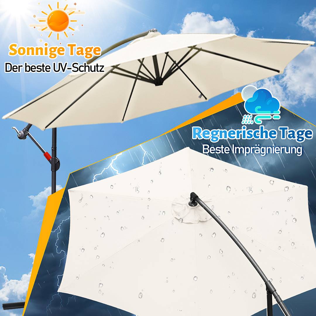 Ein Mehrzweck-Terrassenschirm, geeignet für sonnige Tage ('Der beste UV-Schutz') und regnerische Tage ('Regnerische Tage'), mit UV-Schutz und Wasserbeständigkeit.