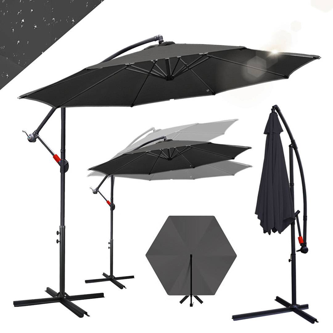 Regenschirm mit Kragarmbügel in verschiedenen Positionen: offen, teilweise offen und geschlossen, zeigt Funktionalität und Vielseitigkeit.