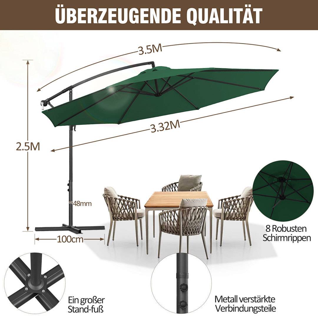 Grüner Terrassenschirm mit einem Durchmesser von 3,5 m, gezeigt über Gartenmöbeln. Zu den Merkmalen gehören 8 Rippen, Metallverstärkungen und eine stabile Basis.