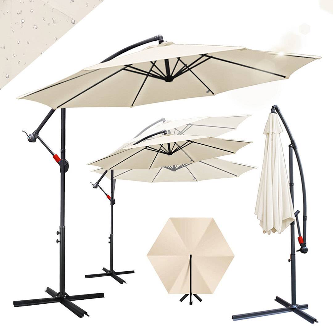 Beiger Terrassenschirm mit verstellbarem Ständer; zeigt verschiedene offene und geschlossene Positionen sowie Draufsicht und betont seine Vielseitigkeit und sein Design.