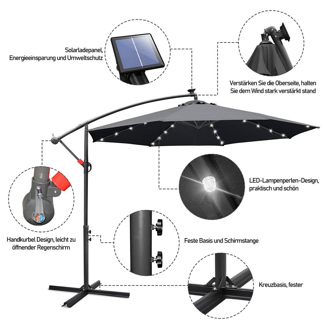 Ein Terrassenschirm verfügt über solarbetriebene LED-Leuchten, eine robuste windfeste Konstruktion, eine Kurbel und einen verstellbaren Winkel.