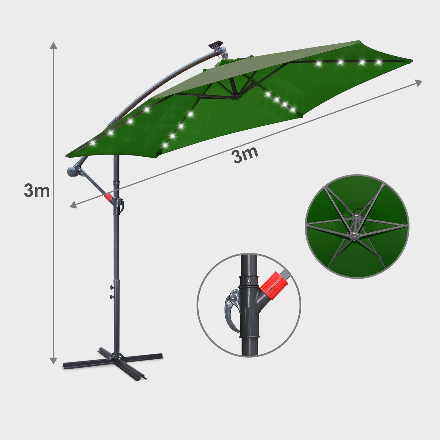 Ein grüner Außenschirm mit LED-Lichtern, verstellbarem Neigungswinkel, Abmessungen von 3m x 3m und einer robusten Basis. Enthält eine Nahaufnahme des Griffs und eine offene Ansicht.