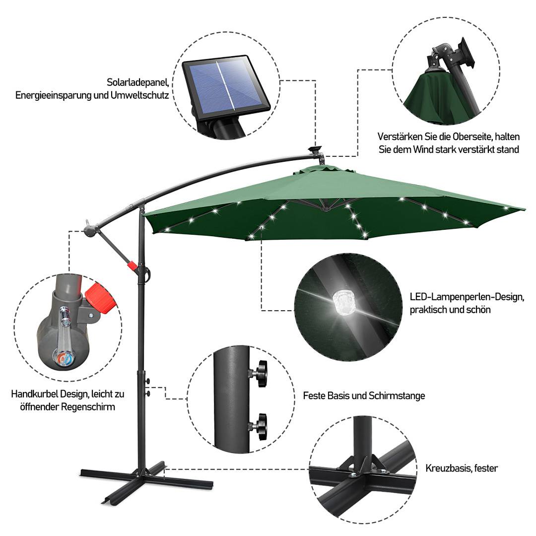 Grüner Terrassenschirm mit Solarpanel, LED-Licht und Kurbel. Merkmale sind robuste Konstruktion, effiziente Energienutzung und Kreuzbasis.