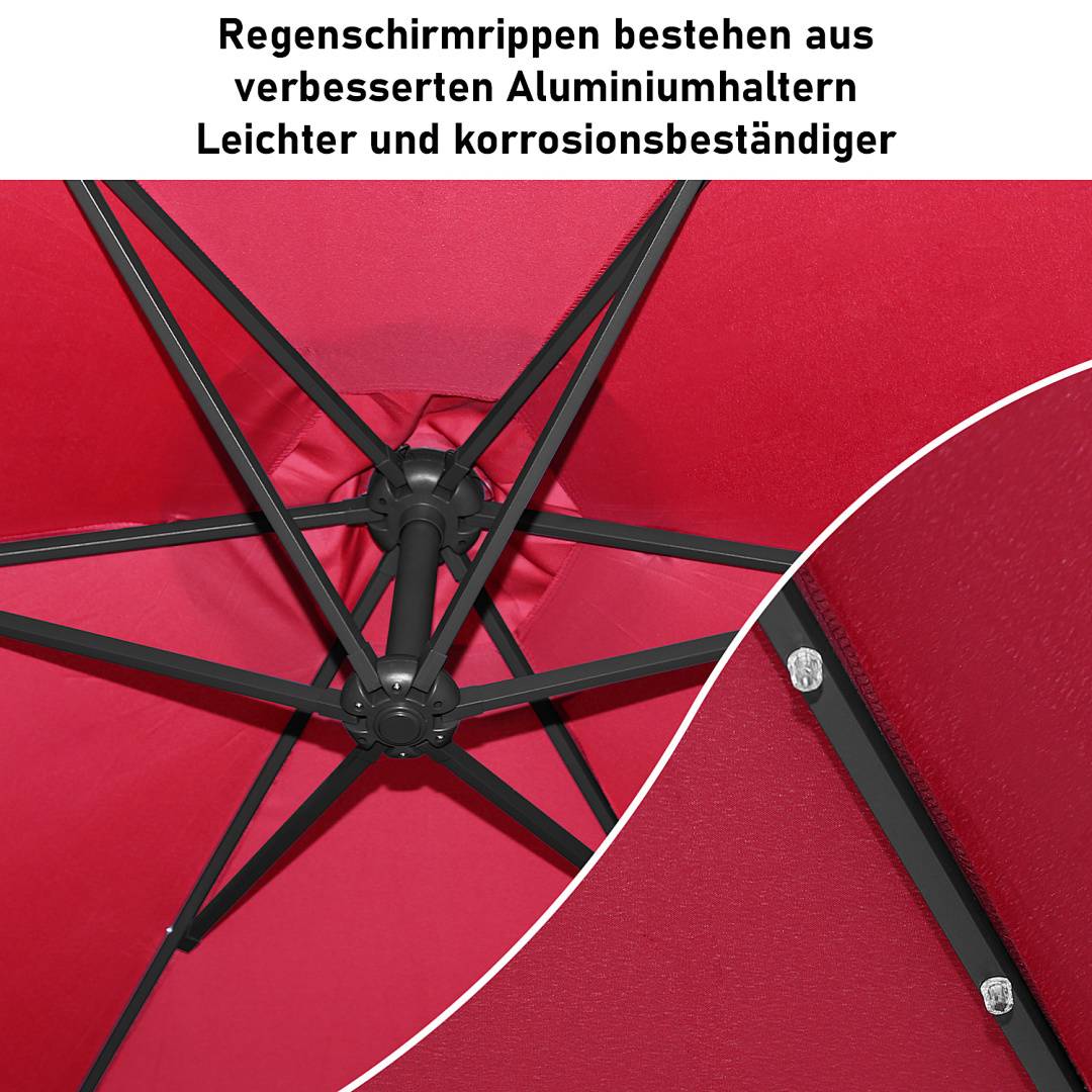 Sonnenschirm 3m Rot mit LED Beleuchtung, Gartenschirm mit Kurbel, UV 50+ Sonnenschutz, kippbar & wetterfest, inkl. Kreuzfuß