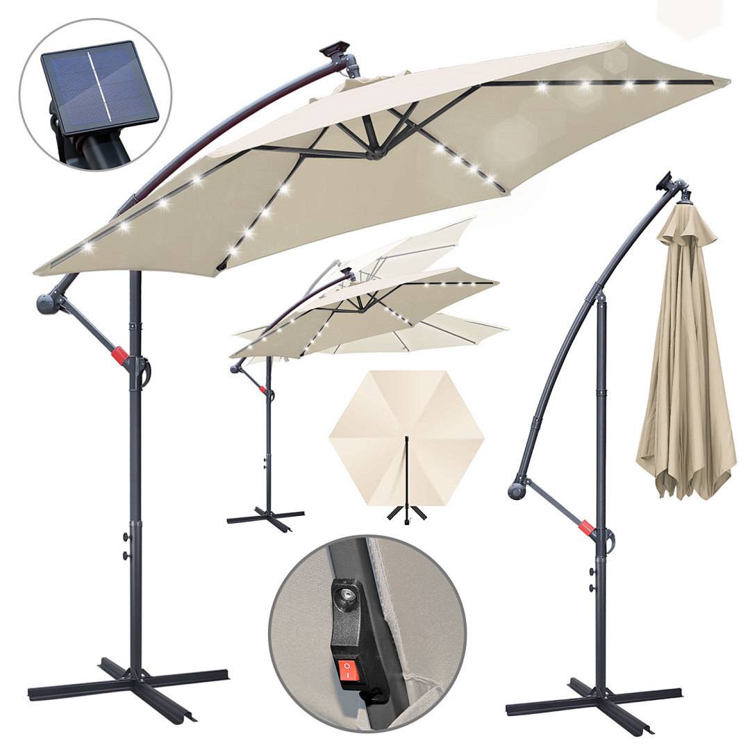 Beiger Kragarmschirm für die Terrasse mit LED-Leuchten, Solarpanel und Kurbel. Die beiliegenden Bilder zeigen geöffnete und geschlossene Ansichten.