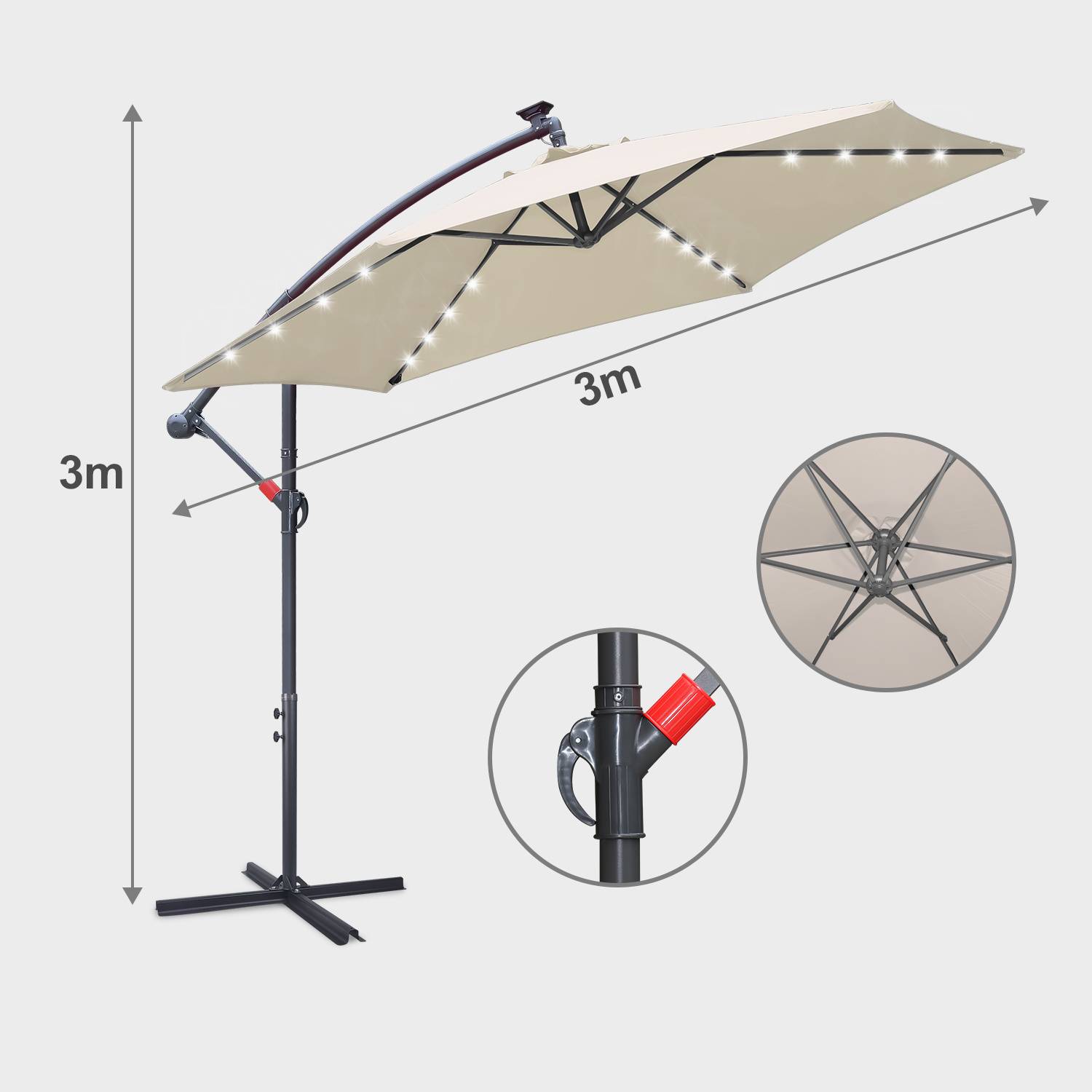 Ein beiger Außenschirm mit LED-Leuchten, befestigt an einem schwarzen Ständer. Er misst 3 m Höhe und 3 m Breite. Beinhaltet eine Nahaufnahme des Kippmechanismus.