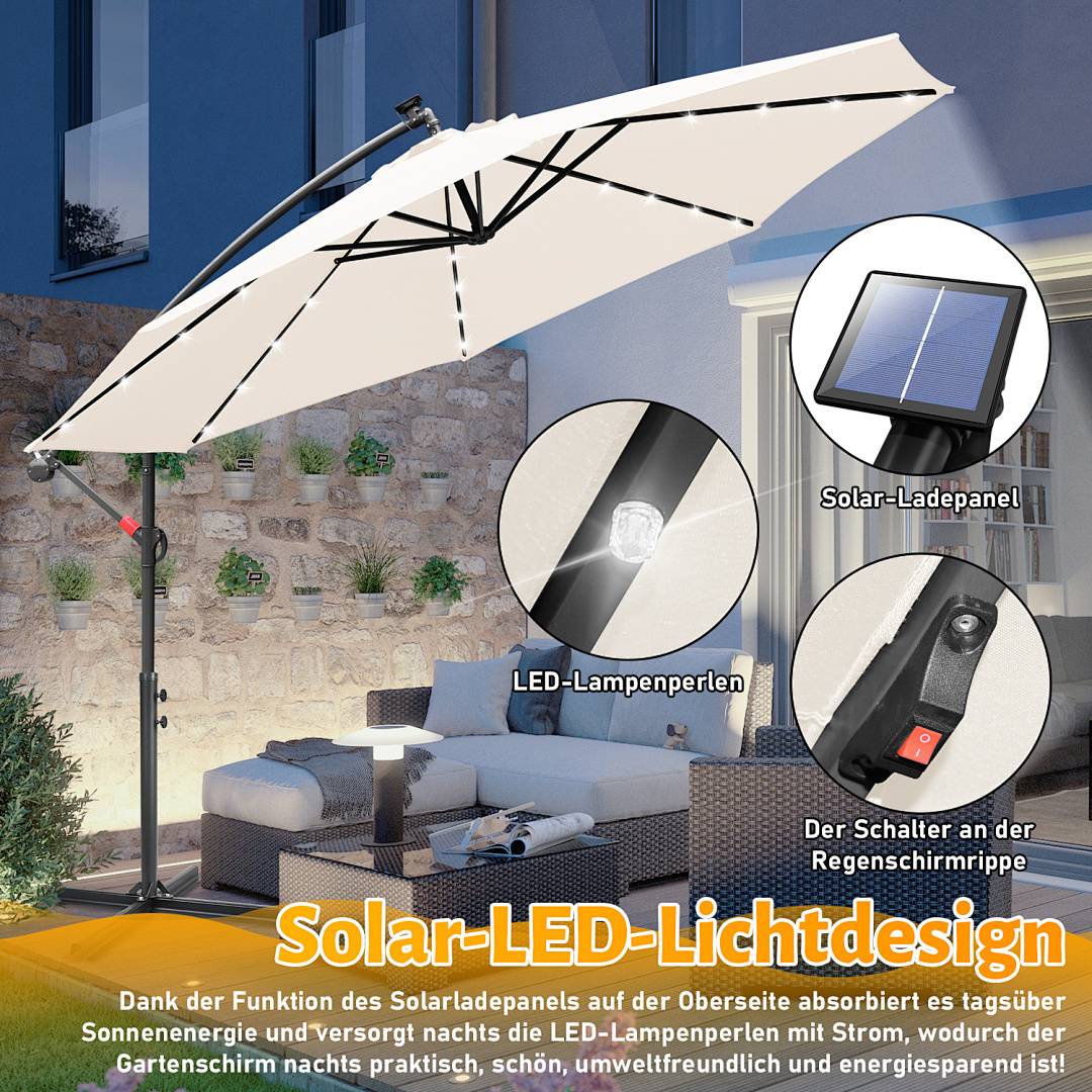 Ein großer weißer, solarbetriebener LED-Terrassenschirm, der über einer Außensitzgruppe aufgespannt ist, mit Vergrößerungen, die das Solarpanel und die LED-Leuchten zeigen.