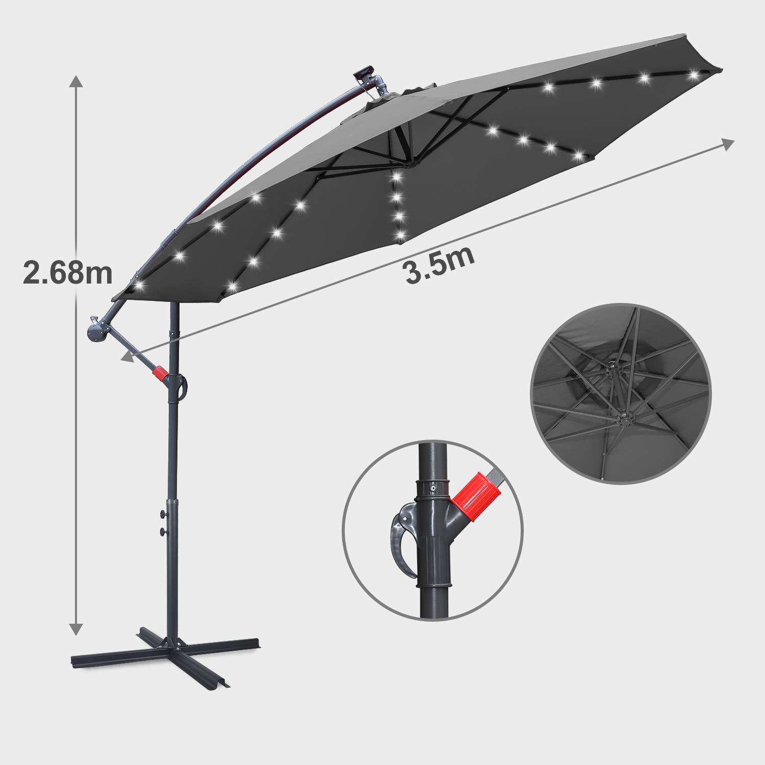 Großer schwarzer Terrassenschirm mit LED-Leuchten, mit einer Breite von 3,5 m und einer Höhe von 2,68 m. Beinhaltet eine Nahaufnahme des verstellbaren Griffs.