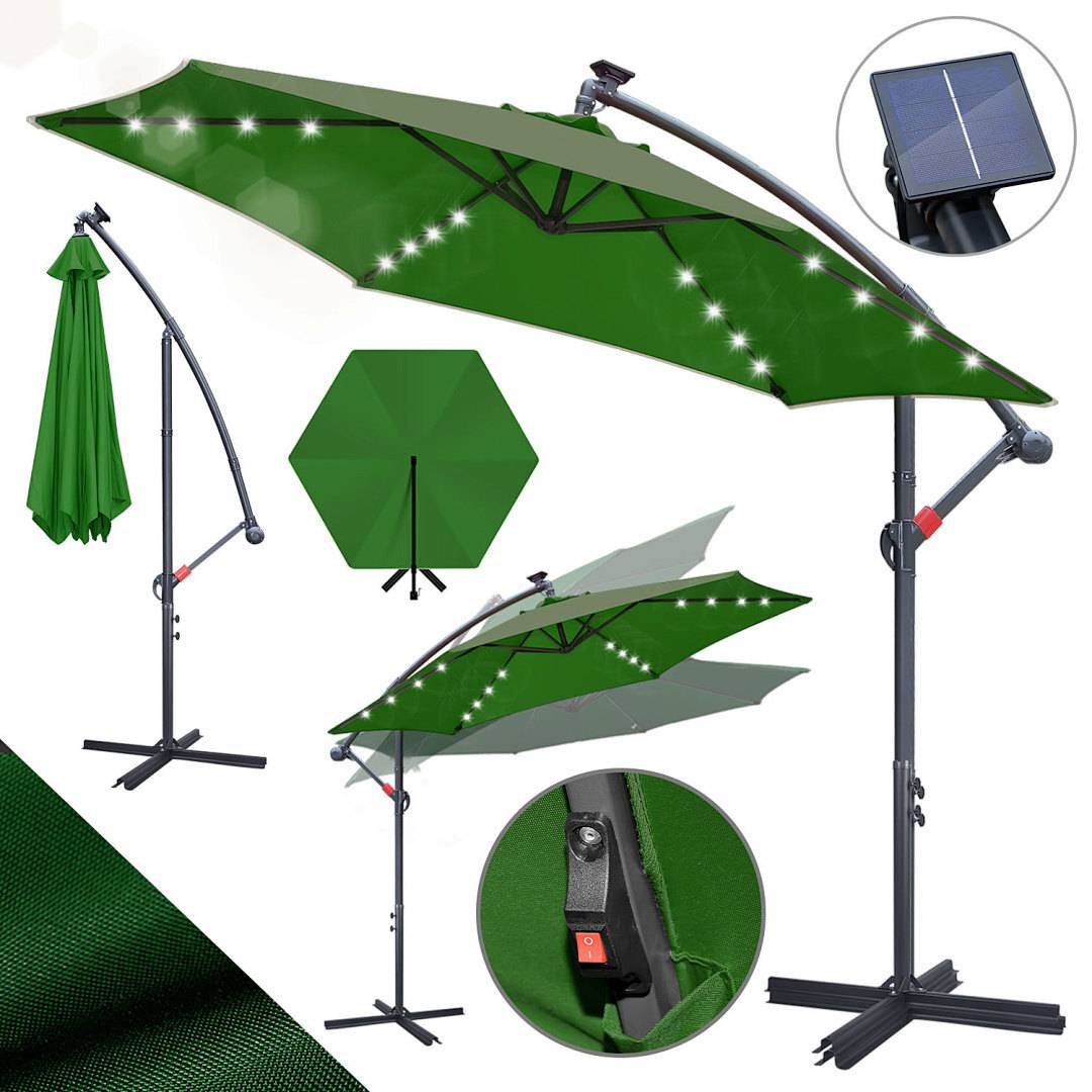 Grüner Outdoor-Auslegerschirm mit solarbetriebenen LED-Lichtern, gezeigt in verschiedenen Ansichten: offen, geschlossen und eine Nahaufnahme des Solarpanels und des Schalters.