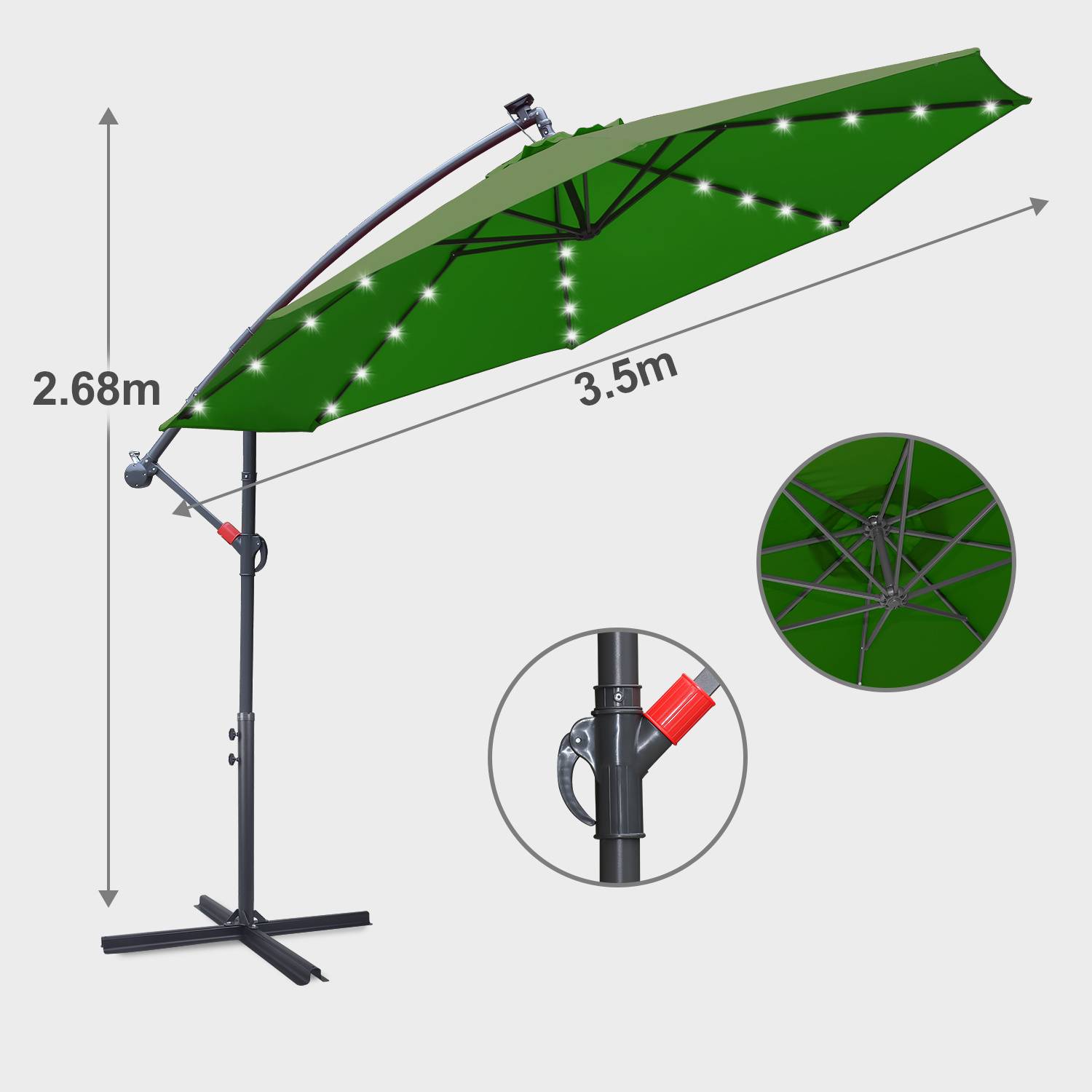 Grüner Terrassenschirm mit LED-Leuchten, 3,5 m breit und 2,68 m hoch, mit verstellbarem Neigungswinkel und Kurbel zum Öffnen.