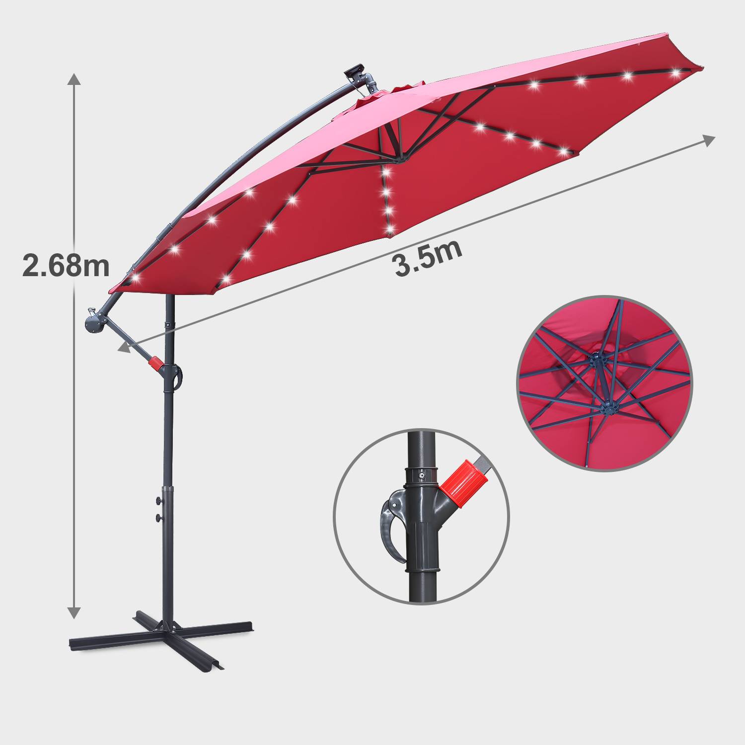 Roter Terrassenschirm mit LED-Leuchten, 3,5 m breit und 2,68 m hoch, mit Kurbel zum Öffnen und Verstellen, auf einem Ständer montiert.