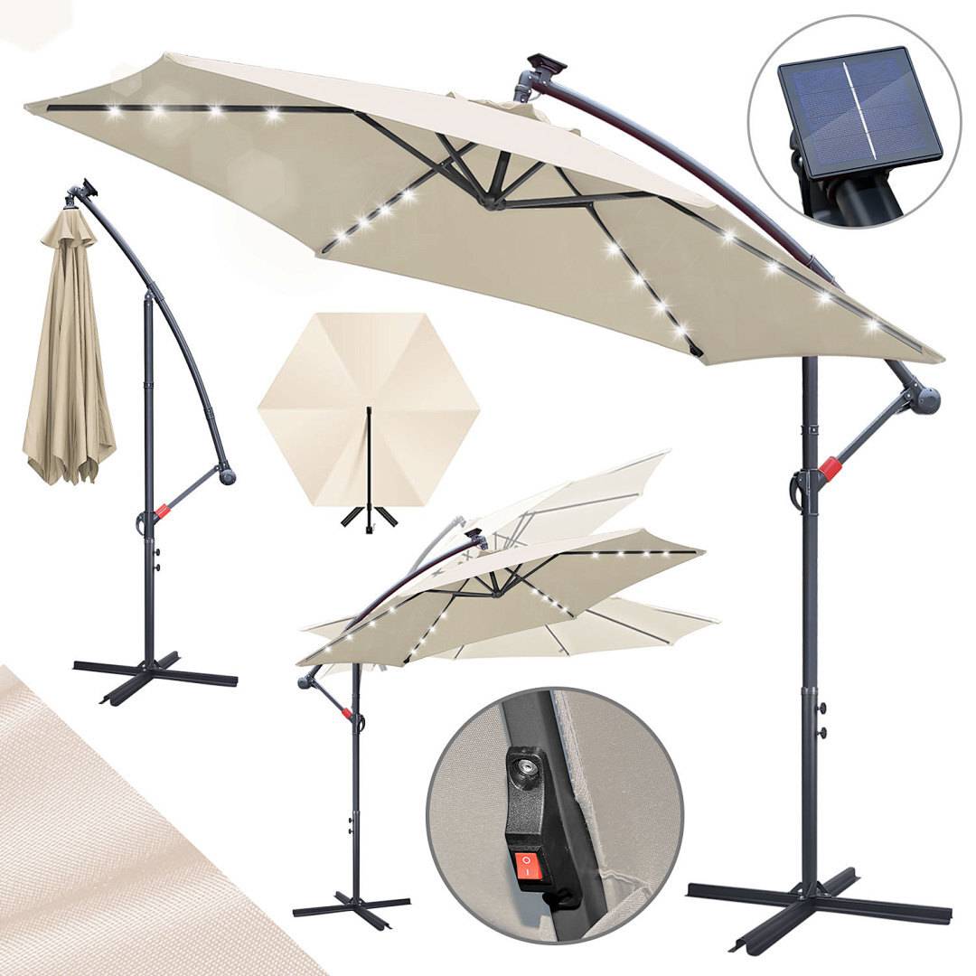 Offset-Terrassenschirm mit solarbetriebenen LED-Leuchten, neigbarer Funktion und Kurbel. Nahaufnahme des Solarpanels und des Neigungsschalters dargestellt.