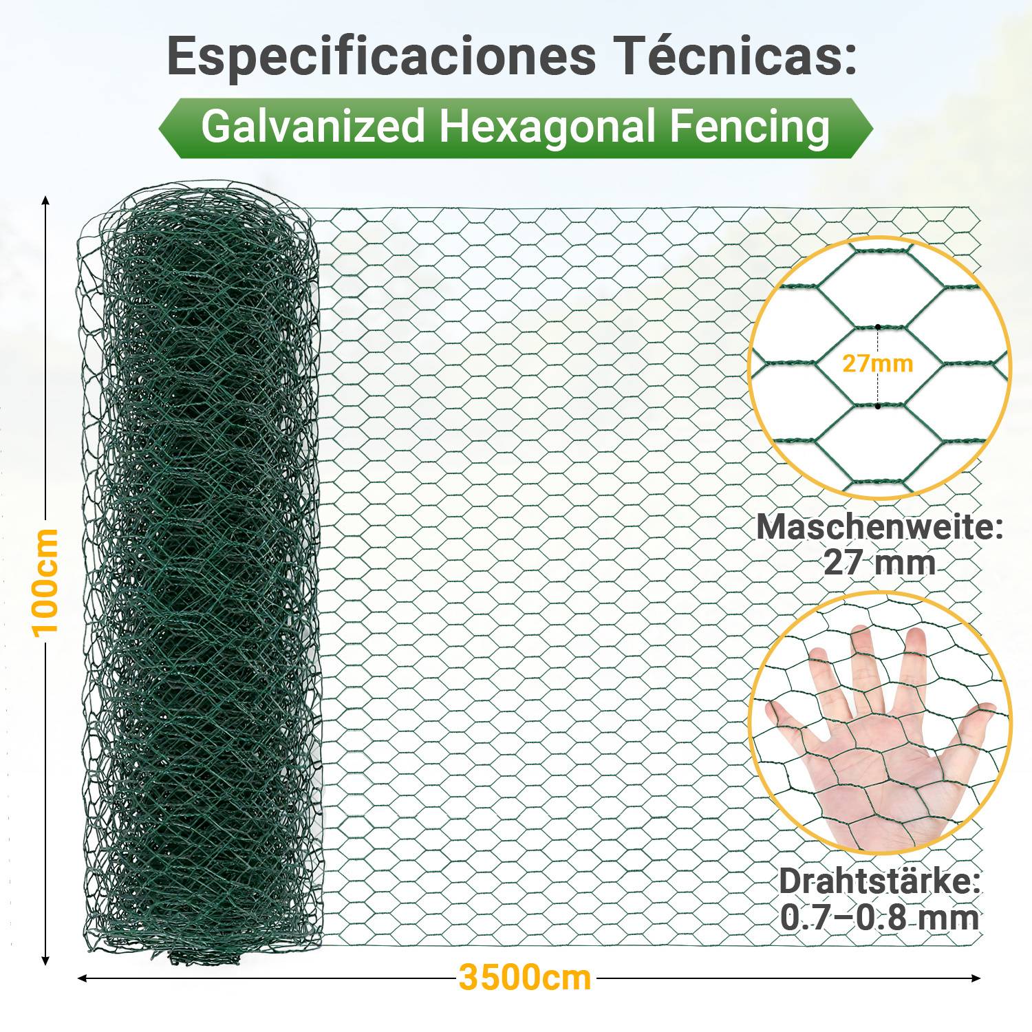 Technische Spezifikationen: Verzinkter Sechskant-Zaun mit einer Rolle von 100 cm x 3500 cm, 27 mm Maschenweite und 0,7-0,8 mm Drahtdicke.