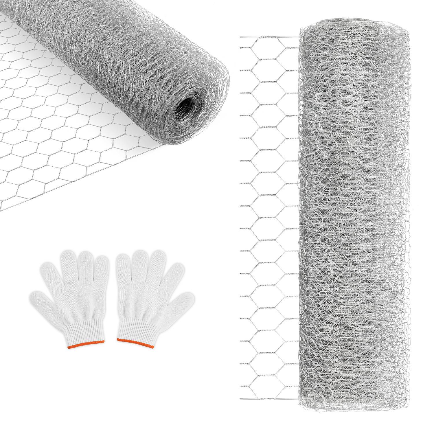 Rolle Maschendraht aus Silber neben zwei weißen Handschuhen mit orangefarbenem Saum. Drahtstruktur und Gitter sind sichtbar und deuten auf Verwendung im Gartenbau oder Bauwesen hin.