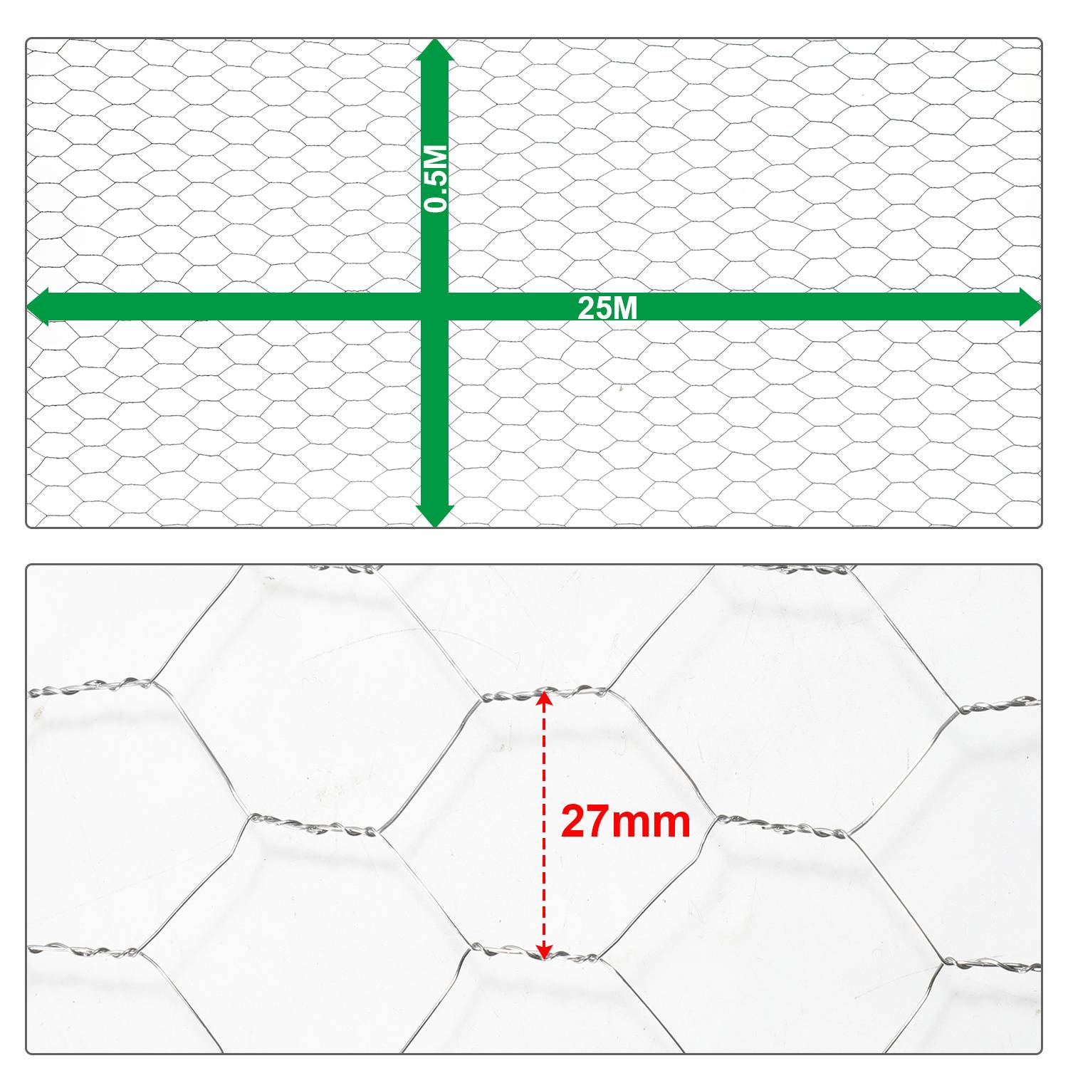 Hühnerdrahtgeflecht, 25m Länge, 0,5m Breite, 27mm sechseckige Öffnungen.