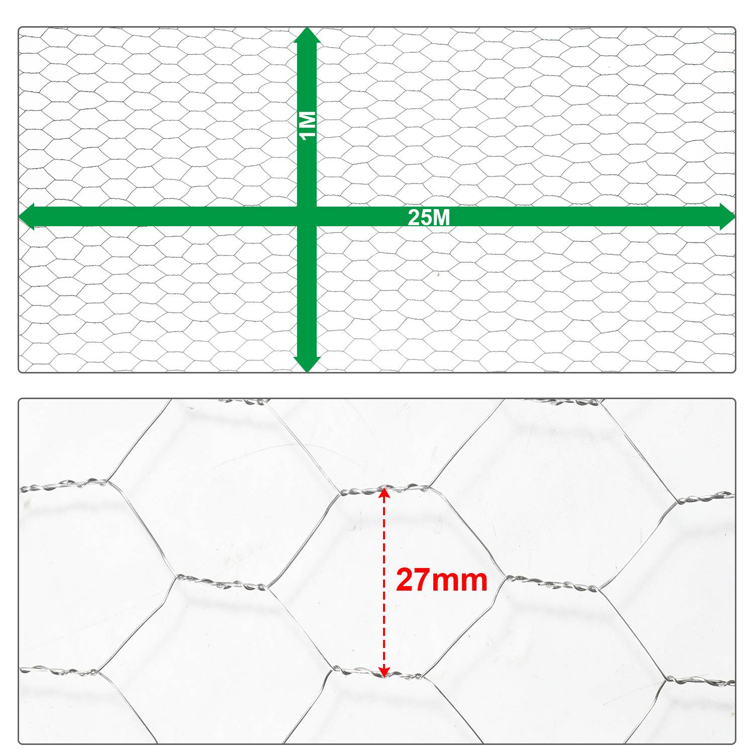 Hexagonales Maschendrahtgeflecht mit einer Größe von 25 Metern mal 1 Meter und einer Maschenöffnung von 27 Millimetern.