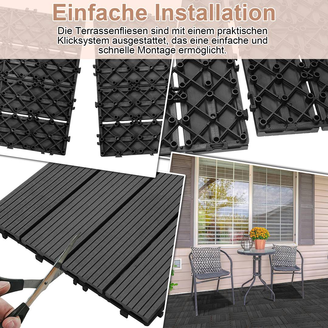 Einfaches Klicksystem für Terrassenfliesen ermöglicht schnelle Montage.' Das Bild zeigt eine Schritt-für-Schritt-Anleitung zur Installation; eine Terrasse mit Stühlen und Tisch.