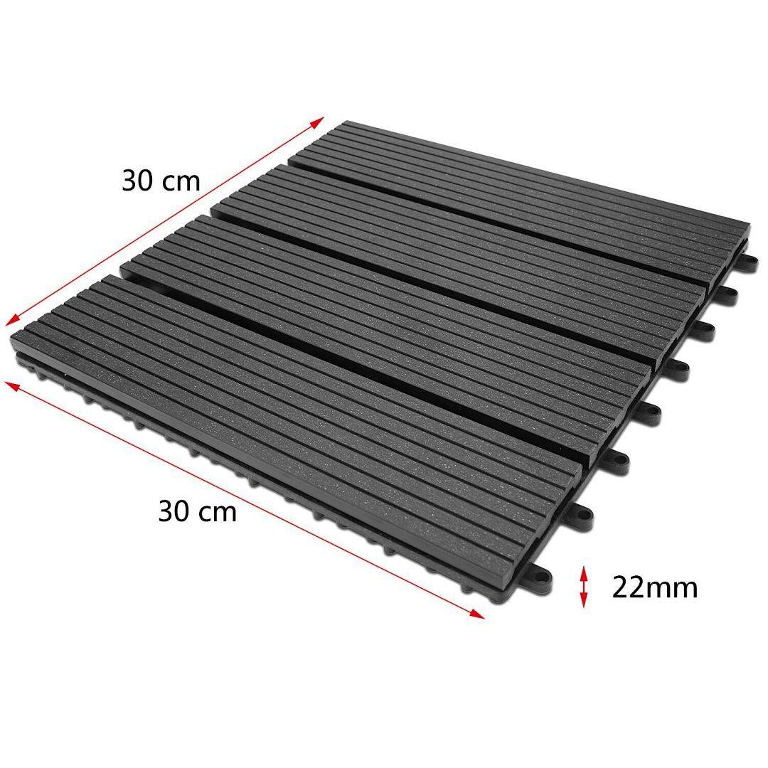 Verschlungene Gummimatte, schwarz, 30 cm x 30 cm x 22 mm, mit gerillter Textur und Verbindungsstiften auf einer Seite.