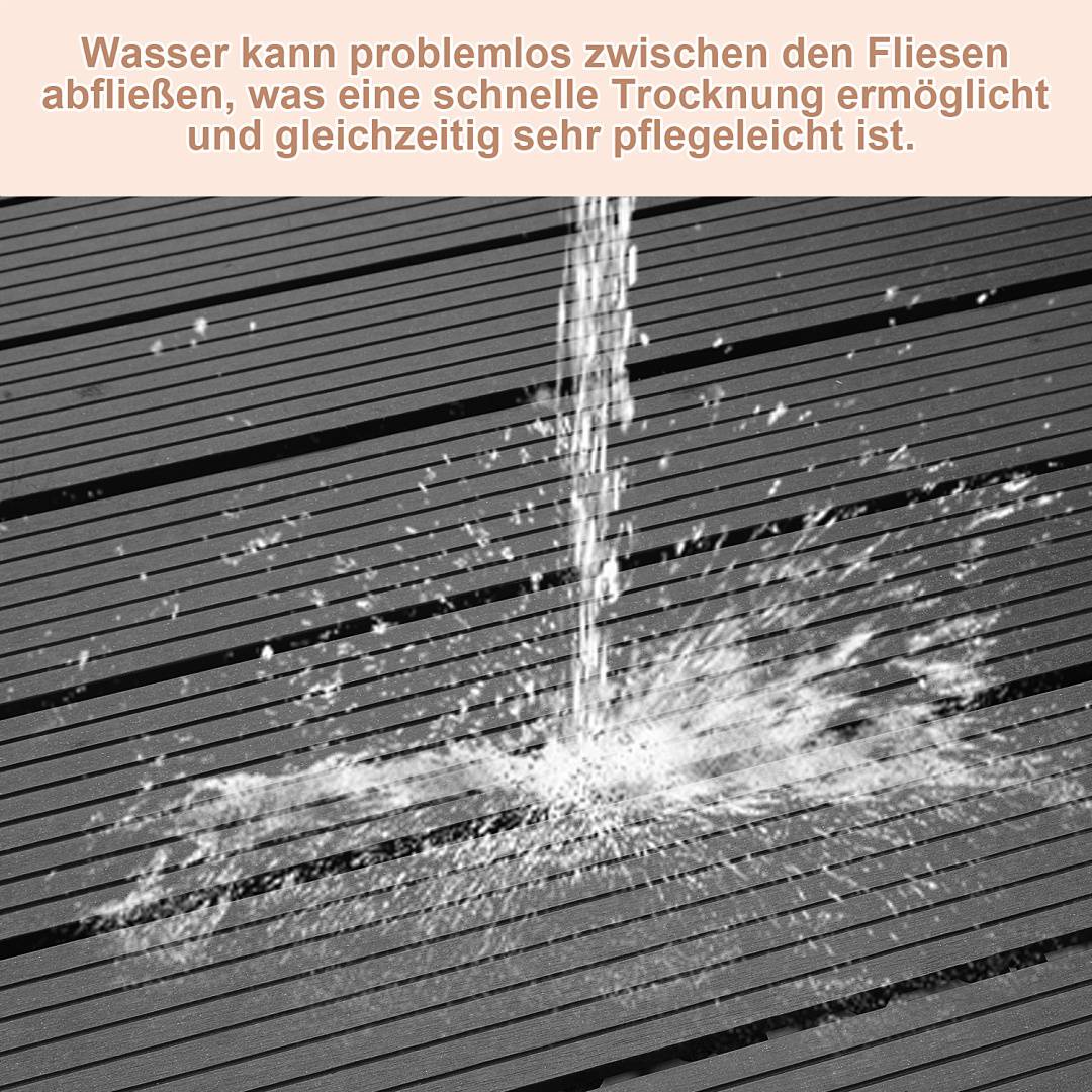 Wasser fließt zwischen den Fliesen ab, um schnelles Trocknen und einfache Wartung zu ermöglichen.