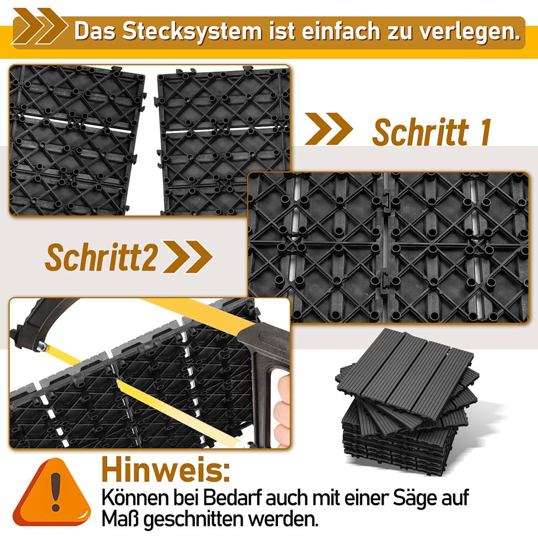 Das Stecksystem ist einfach zu verlegen.' Zwei Schritte zur Verlegung von Kunststoffplatten mit Hinweisen zur Anpassung mit einer Säge.