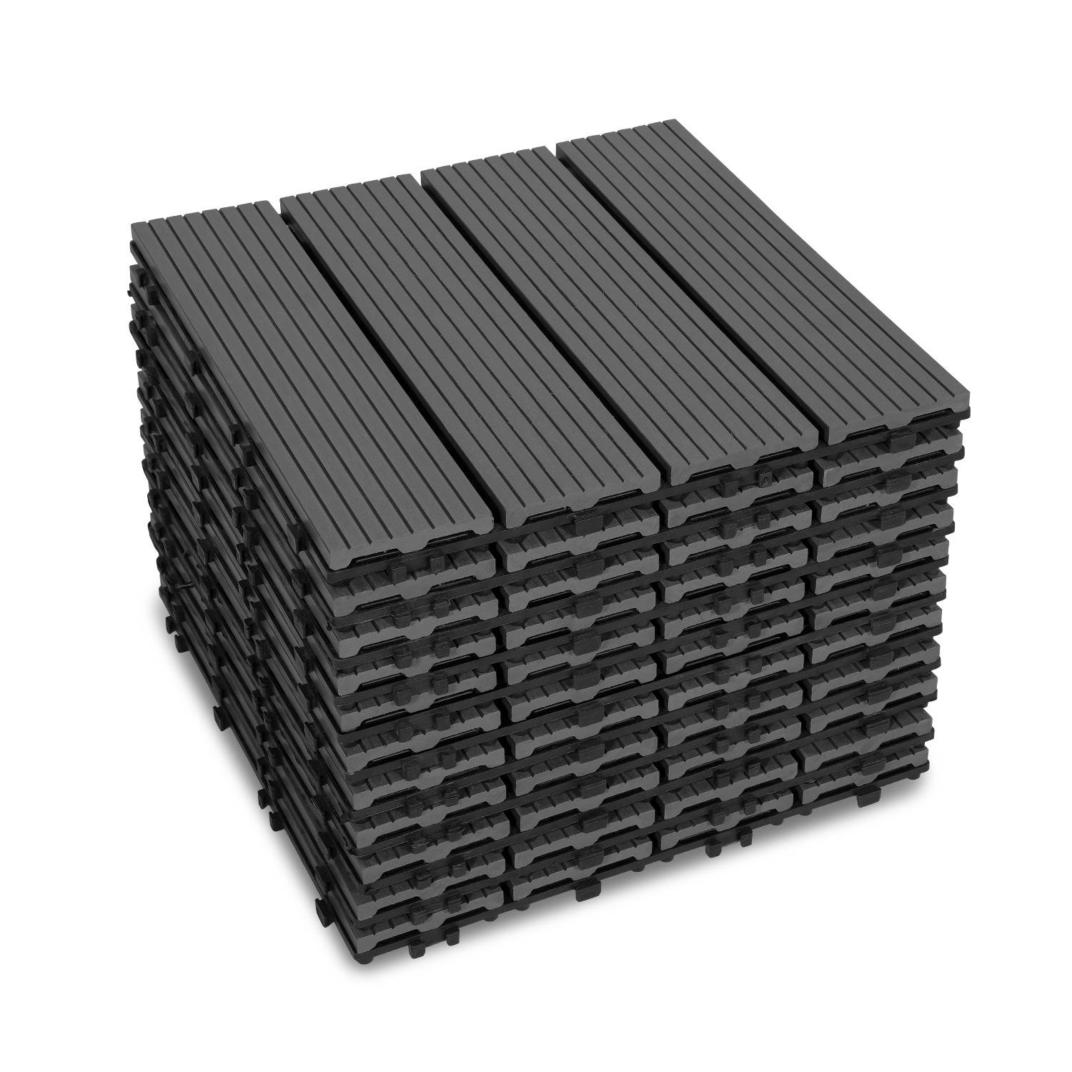 Ein Stapel schwarzer rechteckiger Objekte mit gerillten Oberflächen, ordentlich in einem Haufen angeordnet.