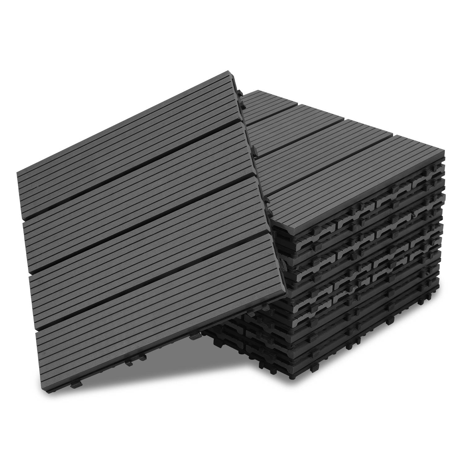 Schwarze Terrassenplatten, die in verschachtelten Schichten gestapelt sind und horizontale Rillen zur Rutschfestigkeit sowie einfache Montage auf Außenflächen aufweisen.