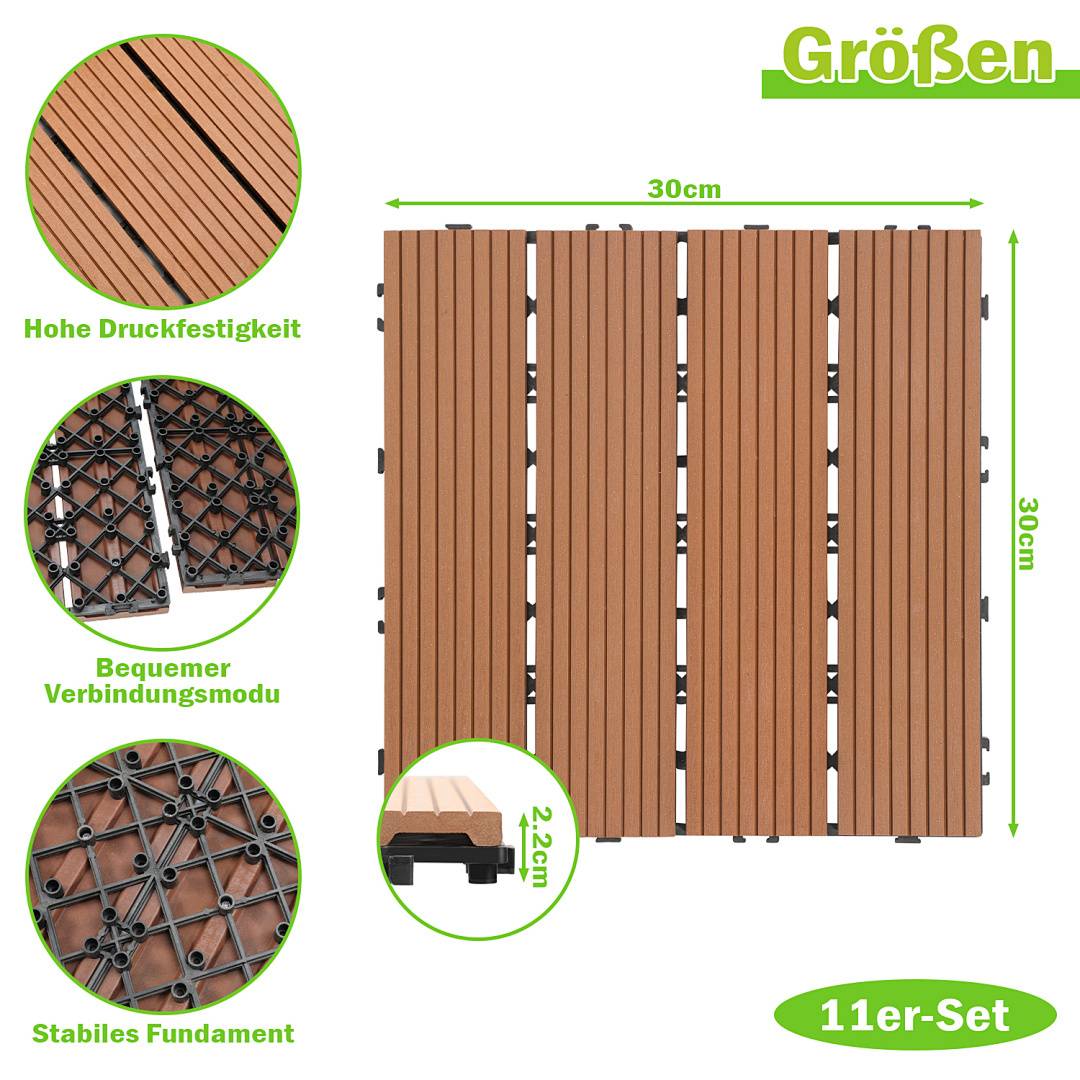 Holzfliesen-Set mit 11 Teilen, jeweils 30x30 cm. Bietet hohe Druckbeständigkeit, einfache Verbindung, stabile Basis. Profilhöhe 2,2 cm.