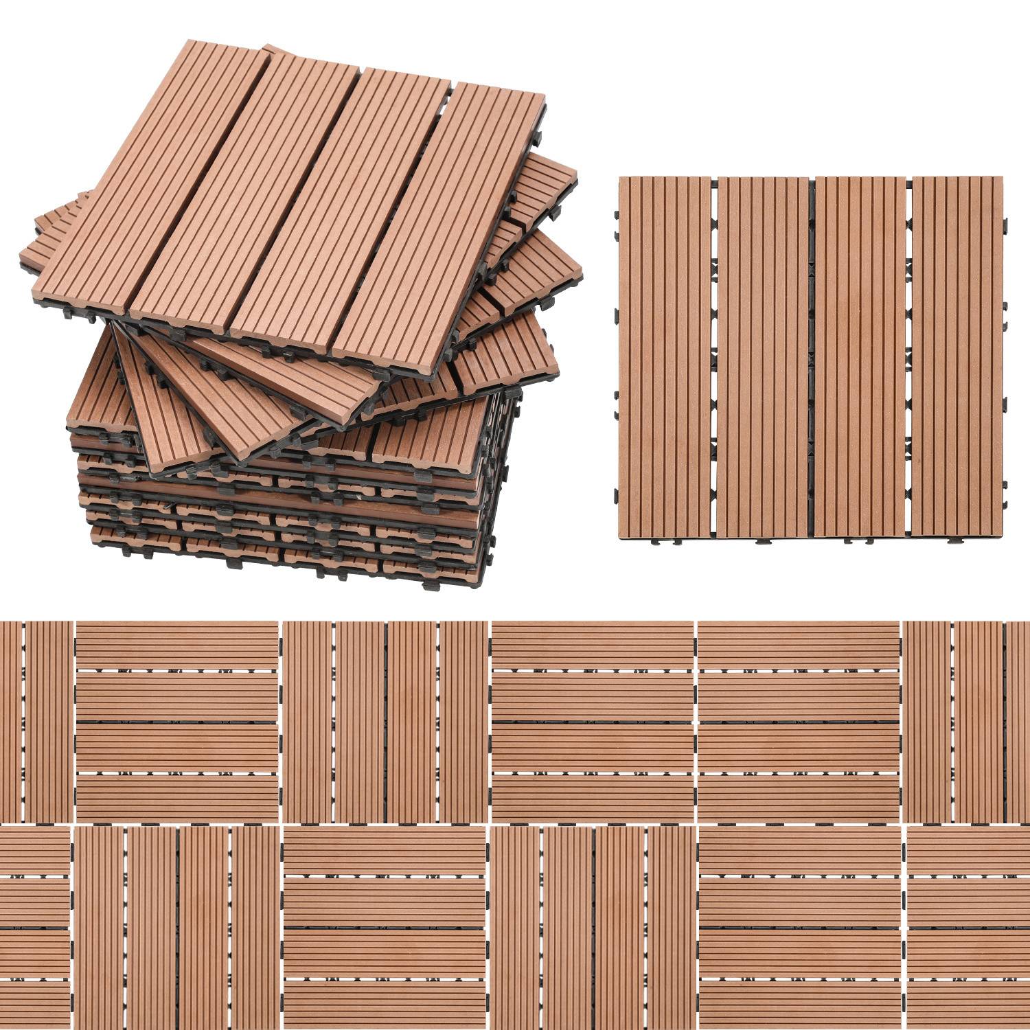 Ein Stapel verschachtelter Holzdielen für die Terrasse, ordentlich angeordnet und ihre strukturierte Oberfläche zeigend.