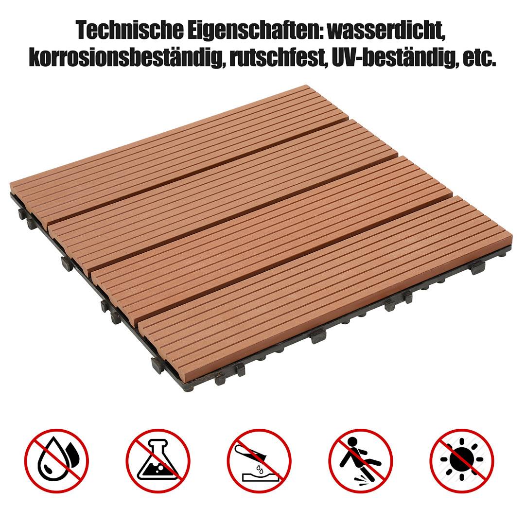 Eine braune Kunststoff-Terrassenfliese mit Rillen, bekannt für ihre Wasserdichtheit, Korrosionsbeständigkeit, Rutschfestigkeit und UV-Beständigkeit. Symbole zeigen Materialsicherheitsmerkmale.