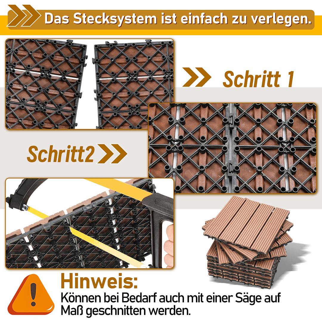 Schichten von braunen ineinandergreifenden Fliesen veranschaulichen Montagesschritte. Der Text hebt einfache Einrichtung hervor: „Schritt 1