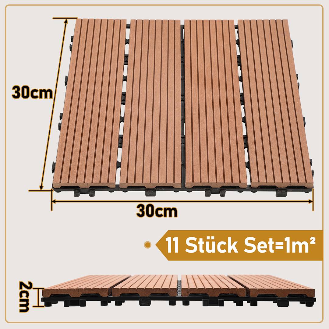 11er Set = 1m² zeigt Holzdeckfliesen mit den Abmessungen 30cm x 30cm und einer Dicke von 2cm, entworfen für einfache Montage.