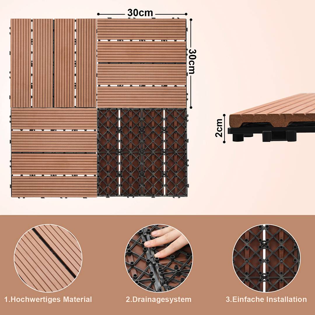 Verschlungene Terrassenplatten mit Abmessungen: 30 cm x 30 cm x 2 cm. Eigenschaften umfassen hochwertiges Material, Drainagesystem, einfache Installation.