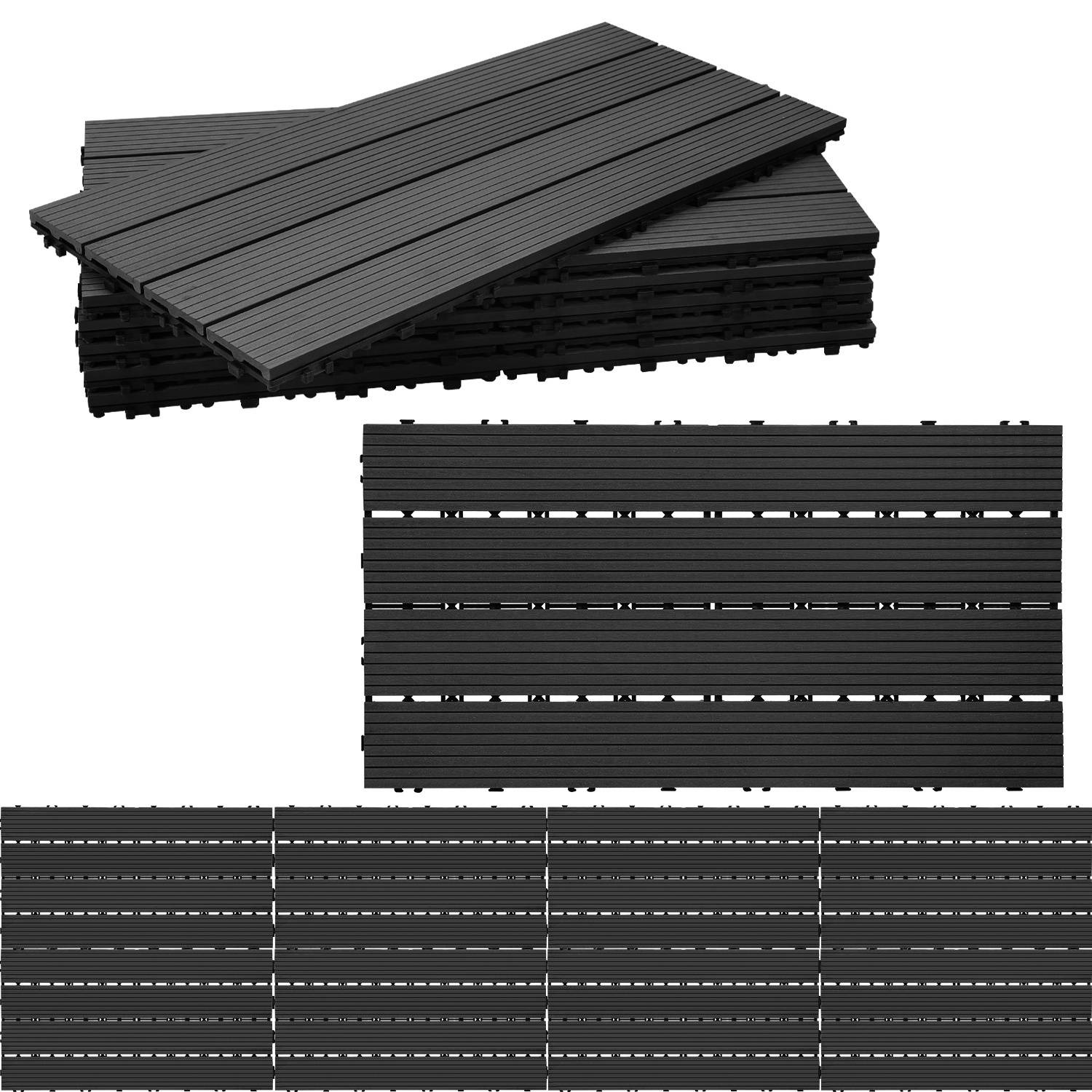 Ineinandergreifende schwarze Lamellenpaneele, gestapelt und angeordnet, um eine rechteckige Konfiguration zu bilden, die ihr modulares, montagefreundliches Design zeigt.